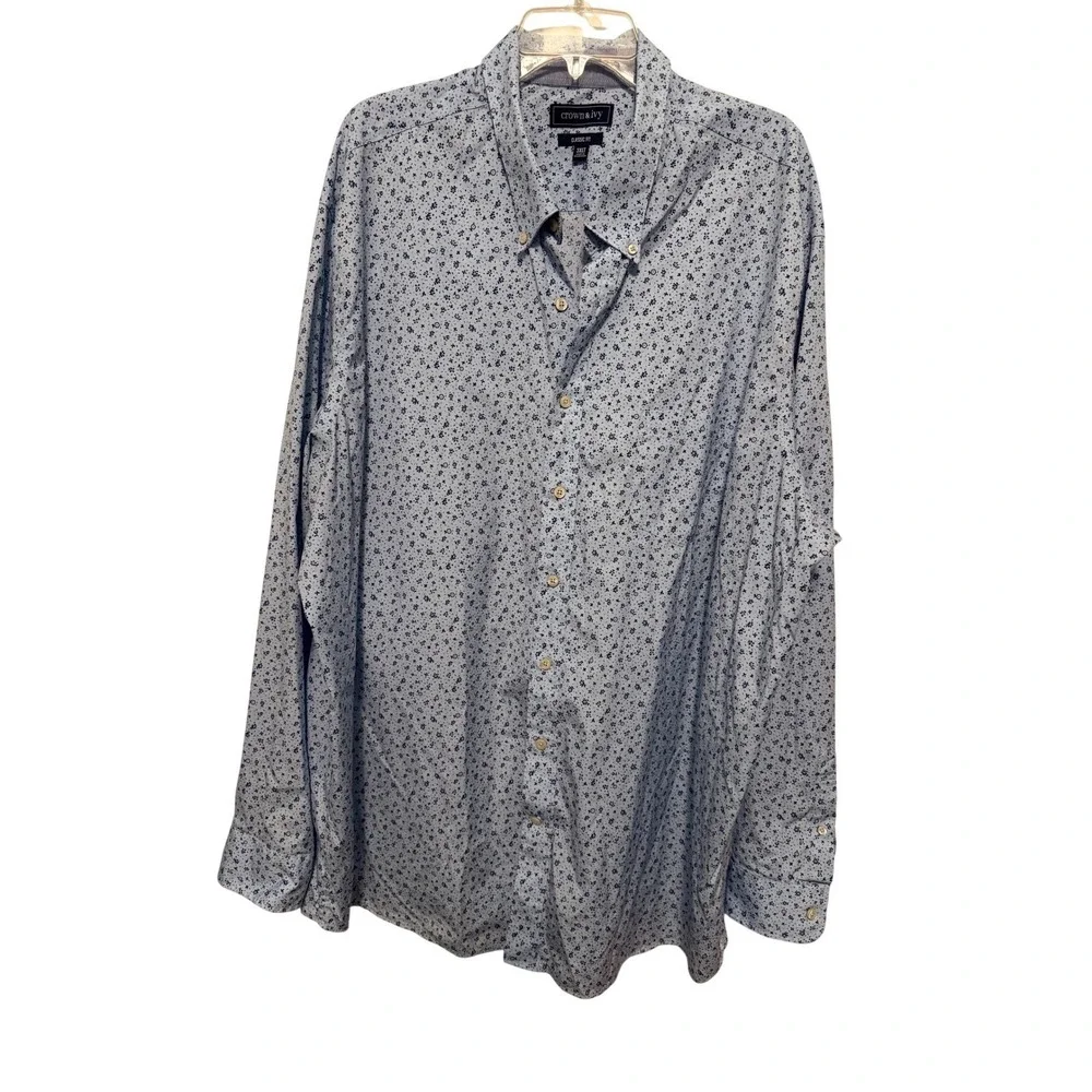 Crown & Ivy Mens 3XLT Classic Fit Floral Microprint Button Down Shirt Light Blue
